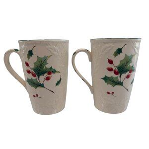 Lot 2 Vintage Mikasa Season's Holly Christmas Ceramic Coffee Mugs Festive Cups